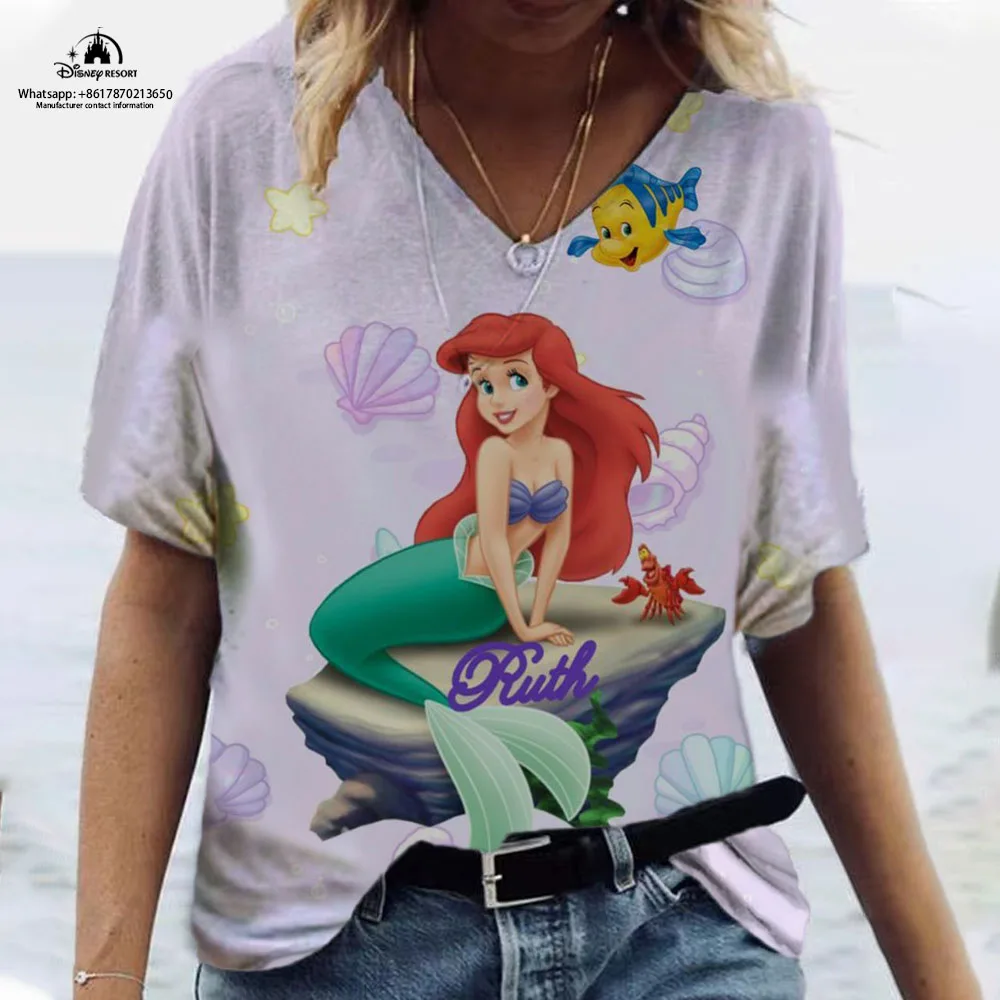 20223 Summer Mermaid T-shirt Summer Short-sleeved V-neck T-shirt Ariel Princess T-shirt Girls Disney series casual T-shirt