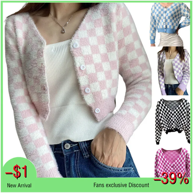 

Women Crochet Cardigan Sweater Spring Autumn Clothes Coat Checkerboard Plaid Pattern Single-breasted V-neck Sweater