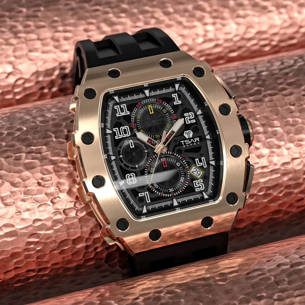 

TSAR BOMBA Luxury Mens Watch Waterproof clock Stainless Steel Rose Gold Wristwatch Sport Fashion Tonneau Watch for Men