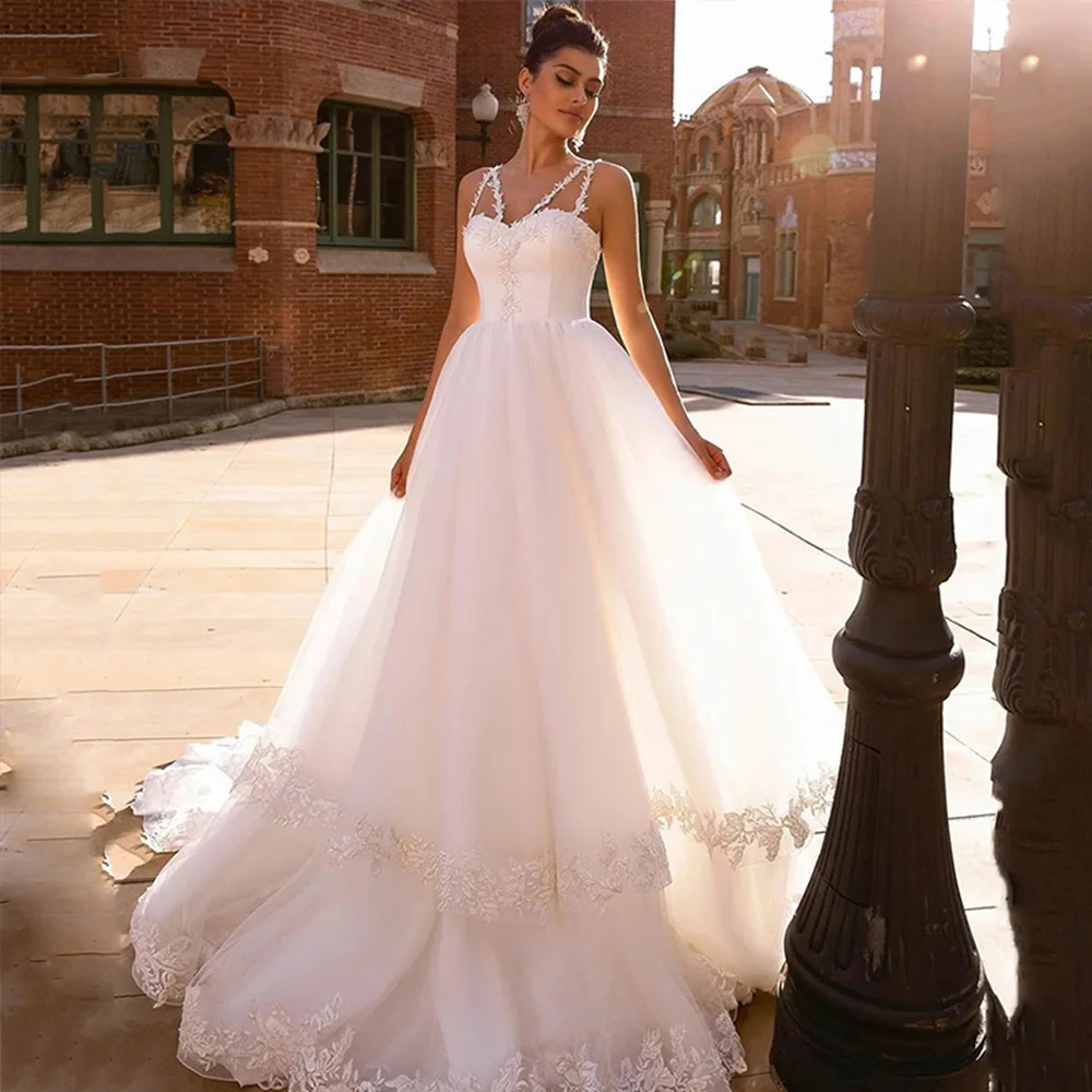 

Pastrol Wedding Dress Sleeveless Sweetheart Lace Applique Zipper Backless Bride Gowns Tulle A-Line Sweep Train Vestido De Noiva
