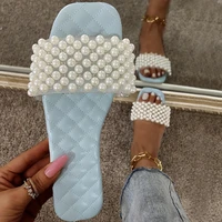 2022 wholesale pu leather large size flat womens shoes summer fashion pearl sandals and slippers ladies slippers