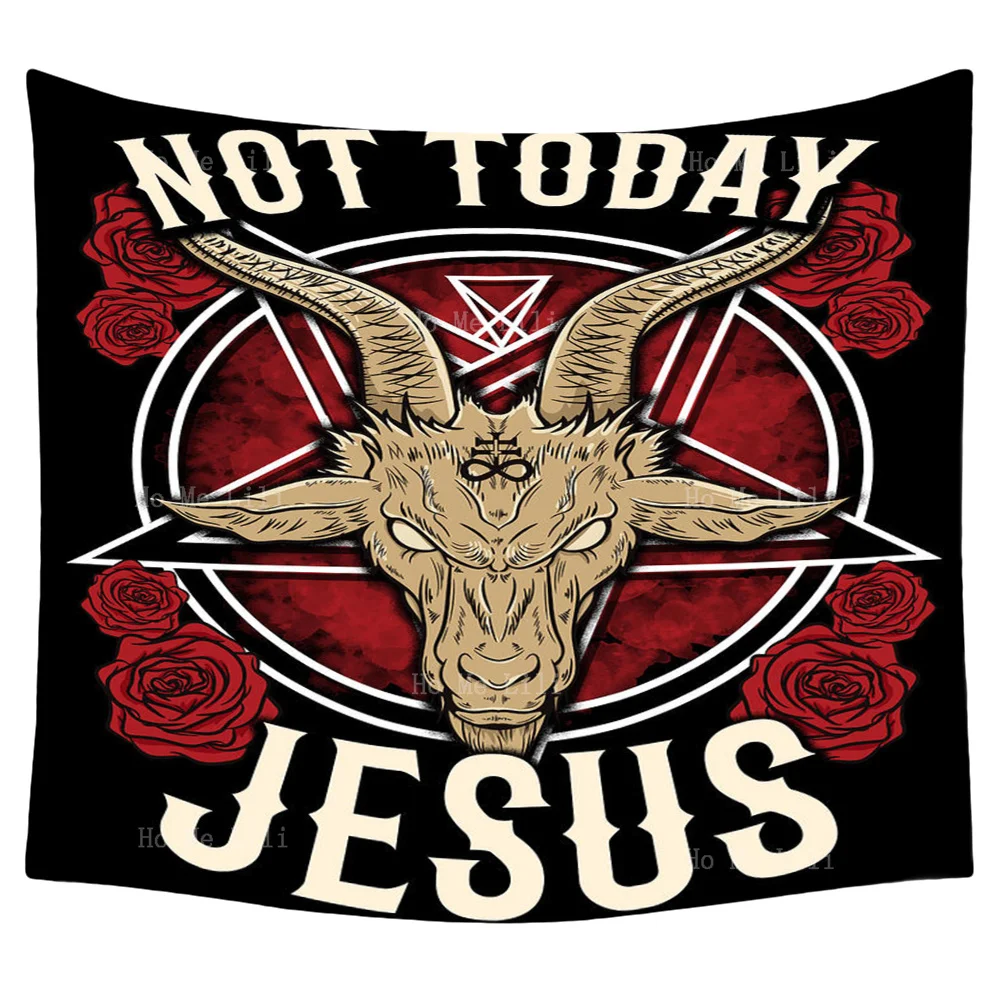 

Not Today Jesus Satanic Cat Pentagram Goat Head And Rose Petal Tapestry By Ho Me Lili For Livingroom Decor Wall Hanging