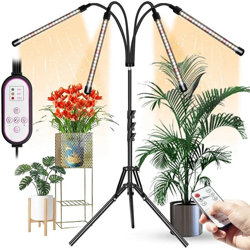Grow Lights for Indoor Plants with Retractable Stand 4 Heads Red Blue Yellow White Spectrum, 4/8/12H Timer, 9 Dimmable Levels