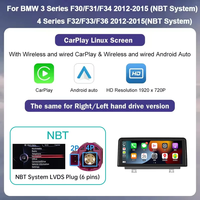 

1920*720 Беспроводной мультимедийный дисплей CarPlay Android Auto с сенсорным экраном для BMW 1 2 3 4 серии F20 F21 F22 F30 F31 F32 F33