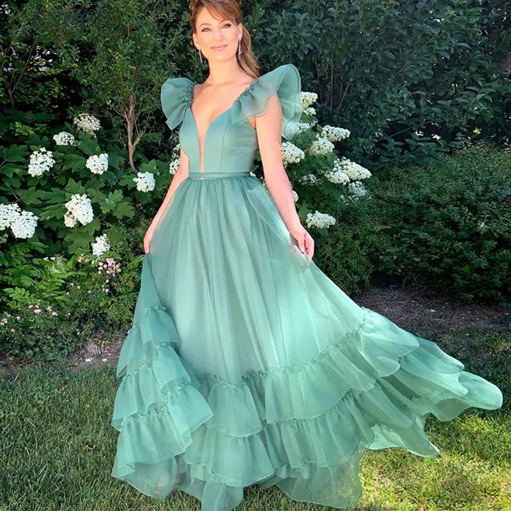 

ENOCH Fairy V-Neck Ruffles Prom Dresses Tiered Short Sleeves A-Line Green Party Dresses Custom Made Robes De Soirée Sweep Train