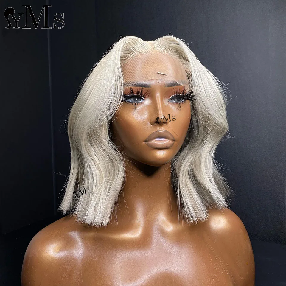 

13X4 Platinum Ash Blonde Body Wave Bob Lace Front Wig YMS HD Transparent 613 Colored Cambodian Human Hair 5X5 Lace Closure Wigs