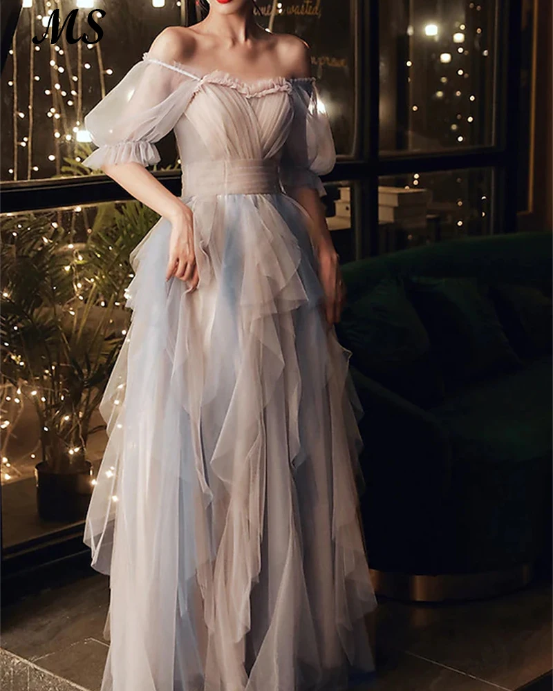 

MS A Line Color Block Elegant Evening Dress Scoop Neck Tulle With Pleats Ruffles Long Prom Gowns For Women Vestido De Fiesta