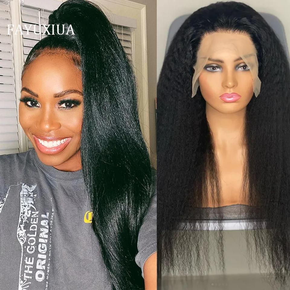 

Yaki Lace Front Wig Kinky Straight Synthetic Wigs For Black Women Yaki Straight Wig Pre Plucked Hairline with Baby Hair Afro Wig