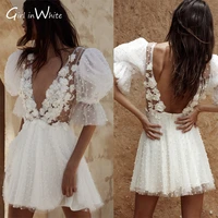 pearls short wedding dress plunging v neck puff sleeves flowers mini bride dresses sexy backless illusion formal wedding gowns