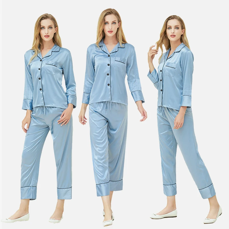 Women Satin Pajamas With Pants Sleepwear Spring Home Wear Clothing 2021 Wedding Silk Pajamas For Bride Long Sleeve Silk Pajamas