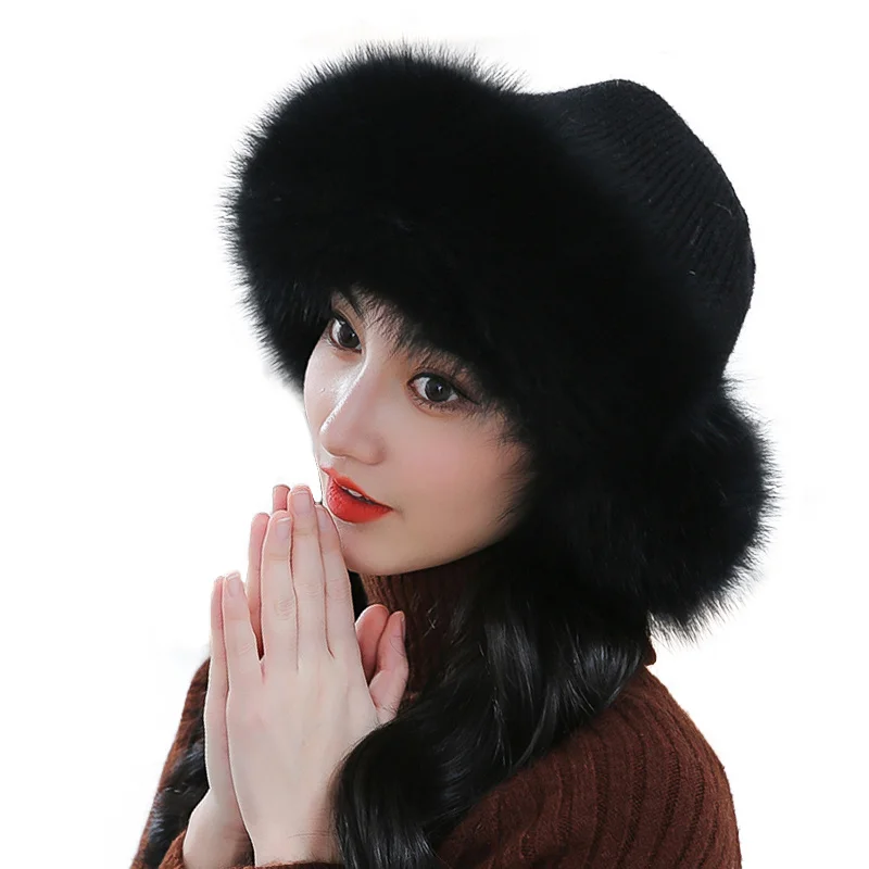2022 Winter Hats Woman Knit Cap Real Fox Fur Hat Outdoor Warm Thickening Plus Velvet Loose Winter Hat With Scarf Fur Knitted Hat