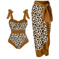 women one piece swimsuit with skirt swimwear cover up retro holiday beach dress leopard print summer surf wear bathing suit