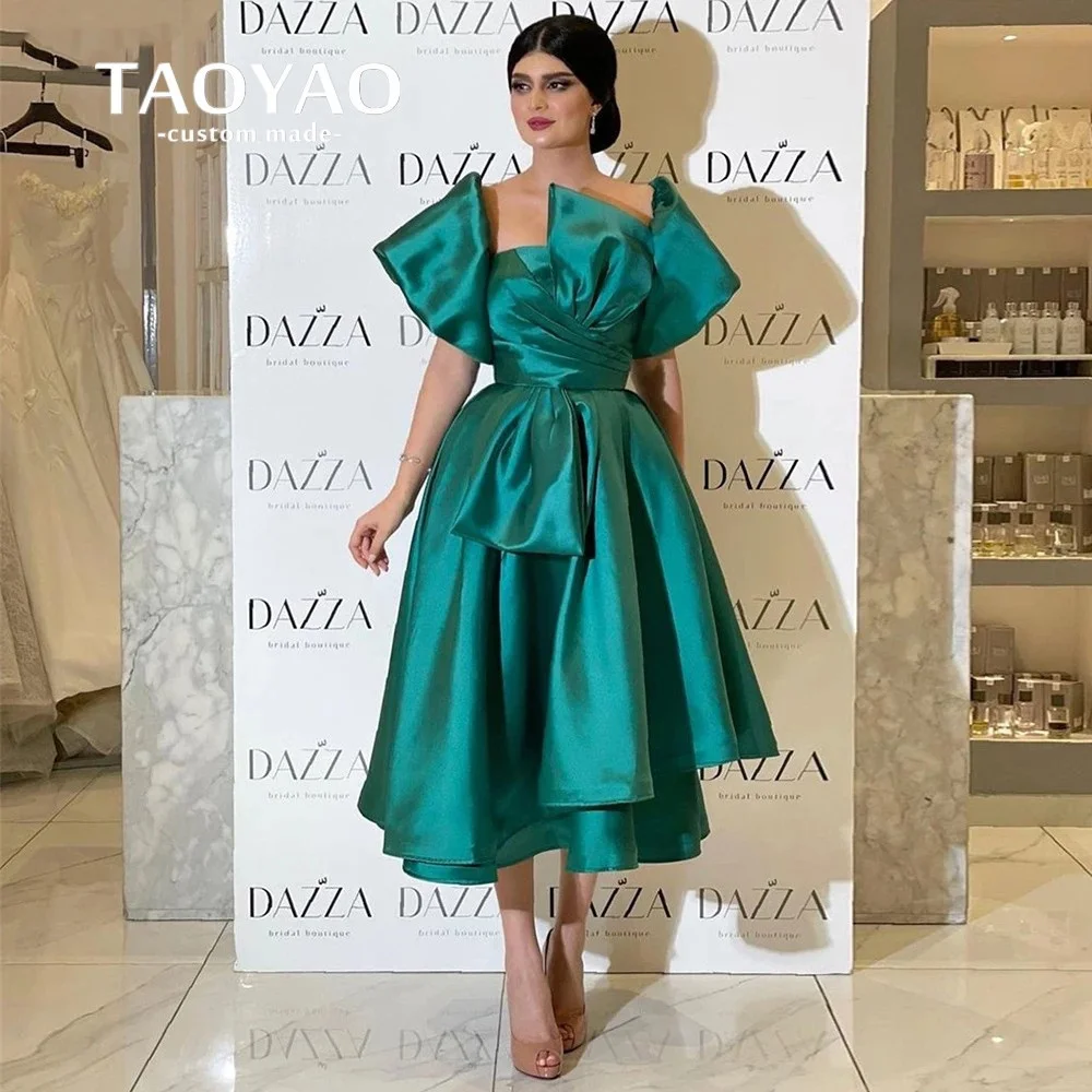 

Graceful Green A-Line Saudi Arabia Midi Prom Dress Short Sleeves Dubai Formal Party Gowns Pleated Evening Dress Robes De Soirée