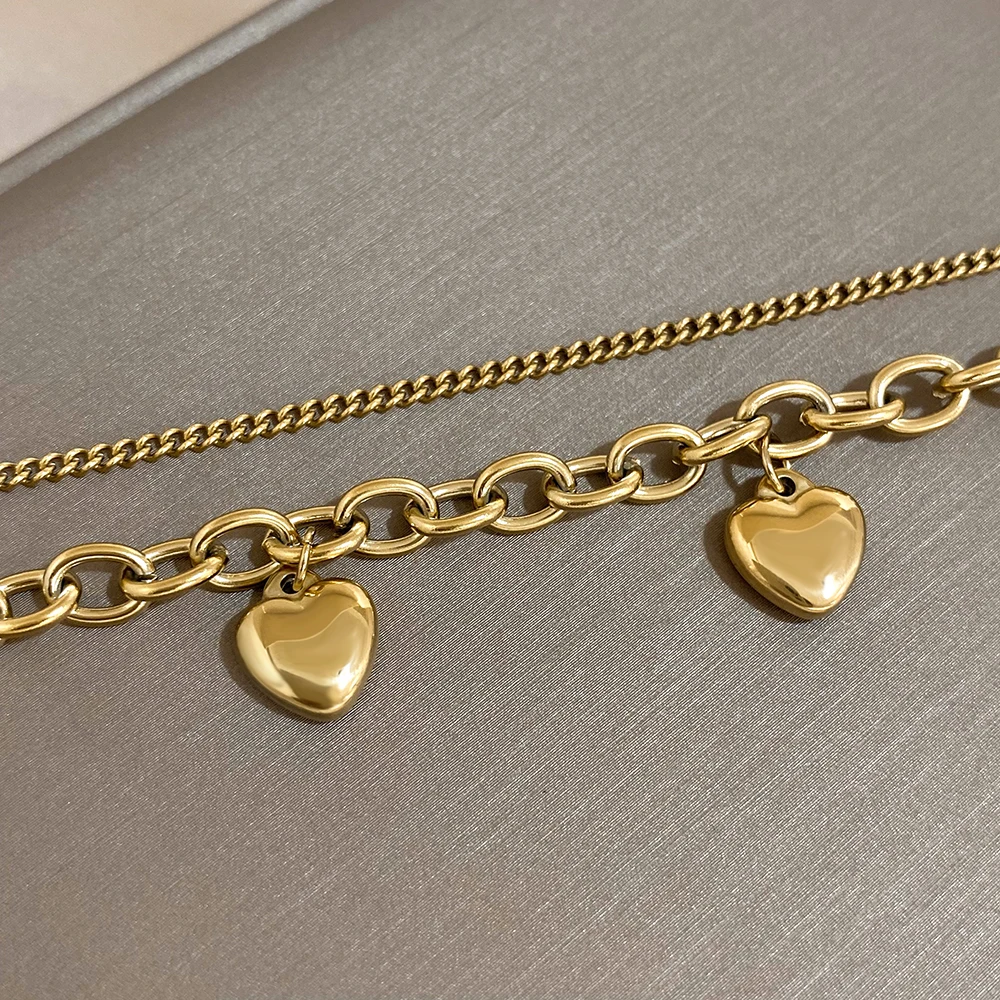 Stainless Steel Heart Pendant Cuba Link Chain Bracelet Bangles For Women Girls Gold Color Love Charm Bracelets Jewelry Gift