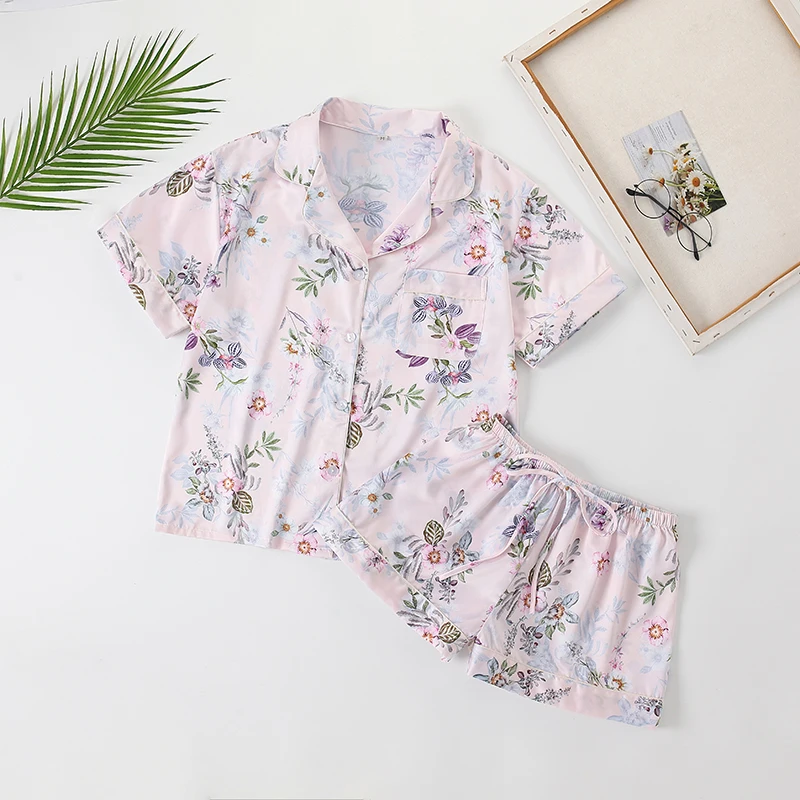 New Mom And Kids Short Pajamas Pijamas Floral Pajamas Set Plus Size Pajamas For Women Chinese Satin Silk Pajamas With Shorts