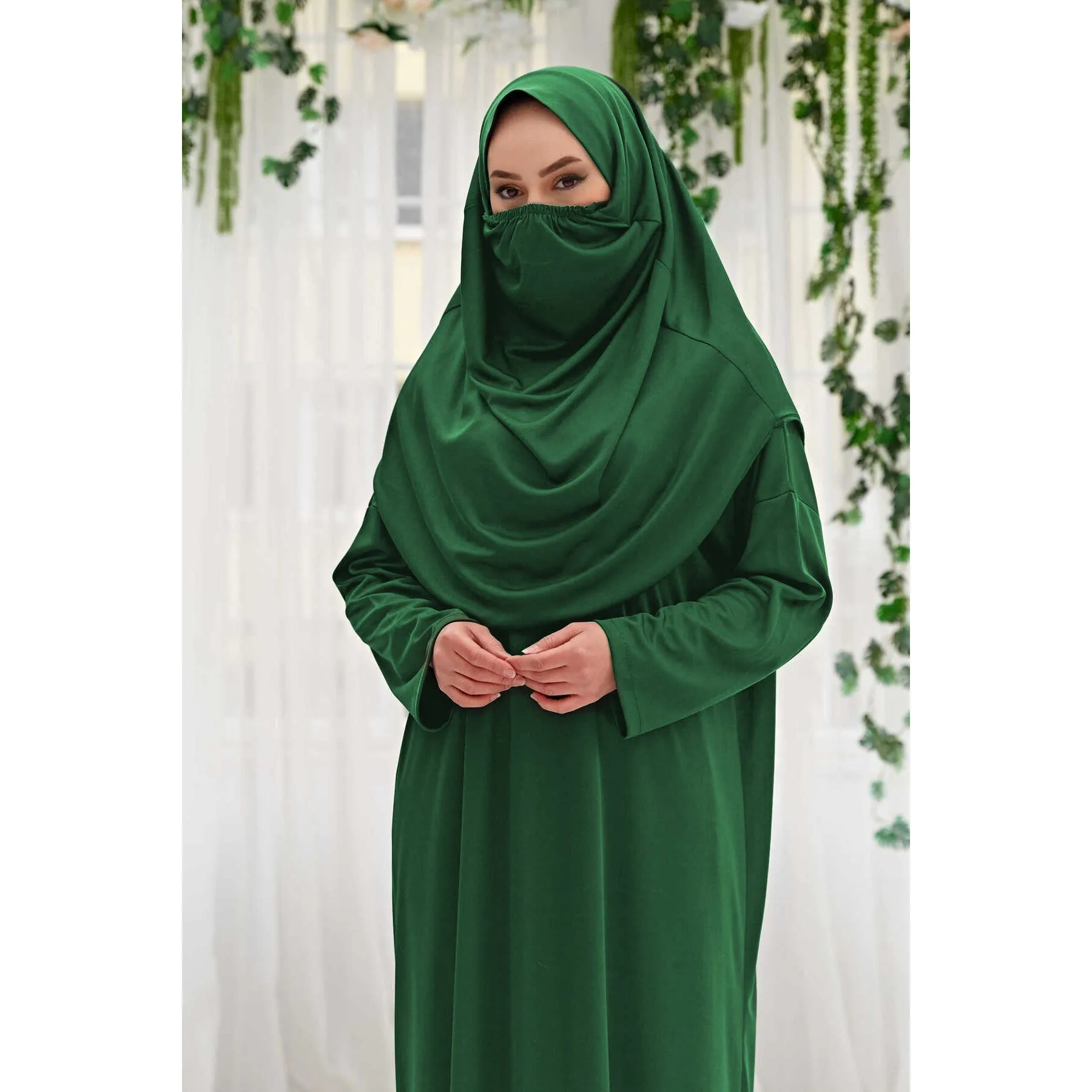 Muslim Women's 2 Piece Prayer Garment Hijab Burqa Mask Detailed Hijab and Dress Muslim Fashion Islamic Clothing Turkey Dubai