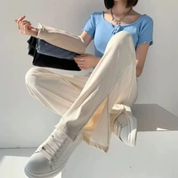 black simple foot slit wide leg pants womens spring and summer ice silk cotton elastic high waist loose casual straight pants