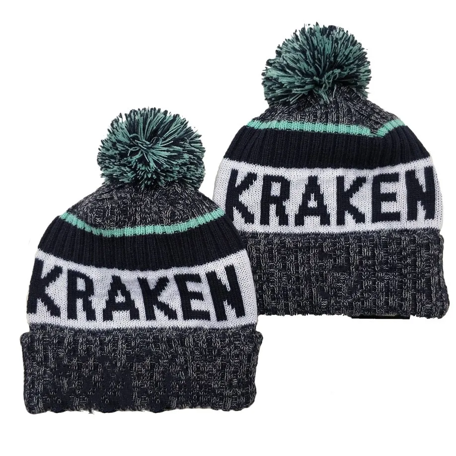 Wholesale Custom Fashion High Quality Winter Knitted Hockey Fans Hat With Embroidery Logo Black And Blue Caps images - 6