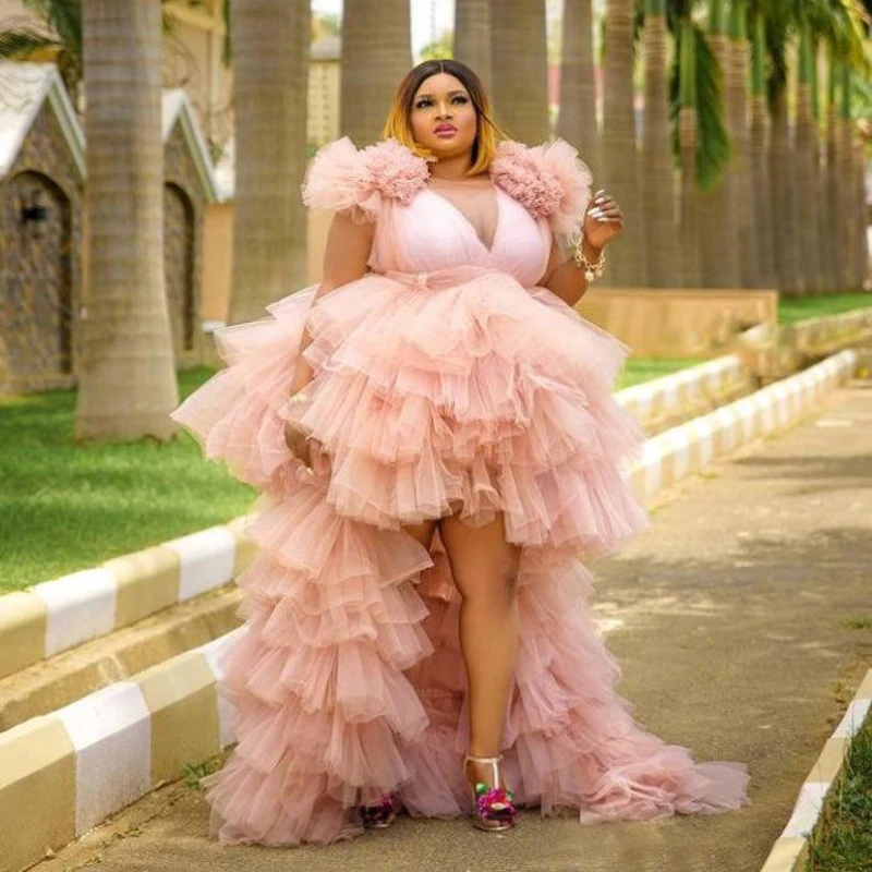 

High Low Pink Tulle Prom Dresses Puffy Ruffles Sleeveless Evening Gowns Sweep Floor Sexy Custom Made Birthday Party Wear