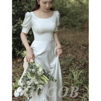 gogob elegant soft satin boat neck r054 short sleeve a line vintage sweep train lace up wedding gown wedding dress bride