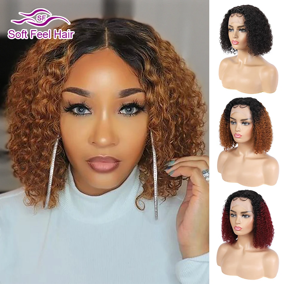 

Kinky Curly 13x4 Lace Frontal Wig Short Bob Human Hair Wig Jerry Curl Brazilian Remy PrePlucked 1B T30 T99J Color Soft Feel Hair
