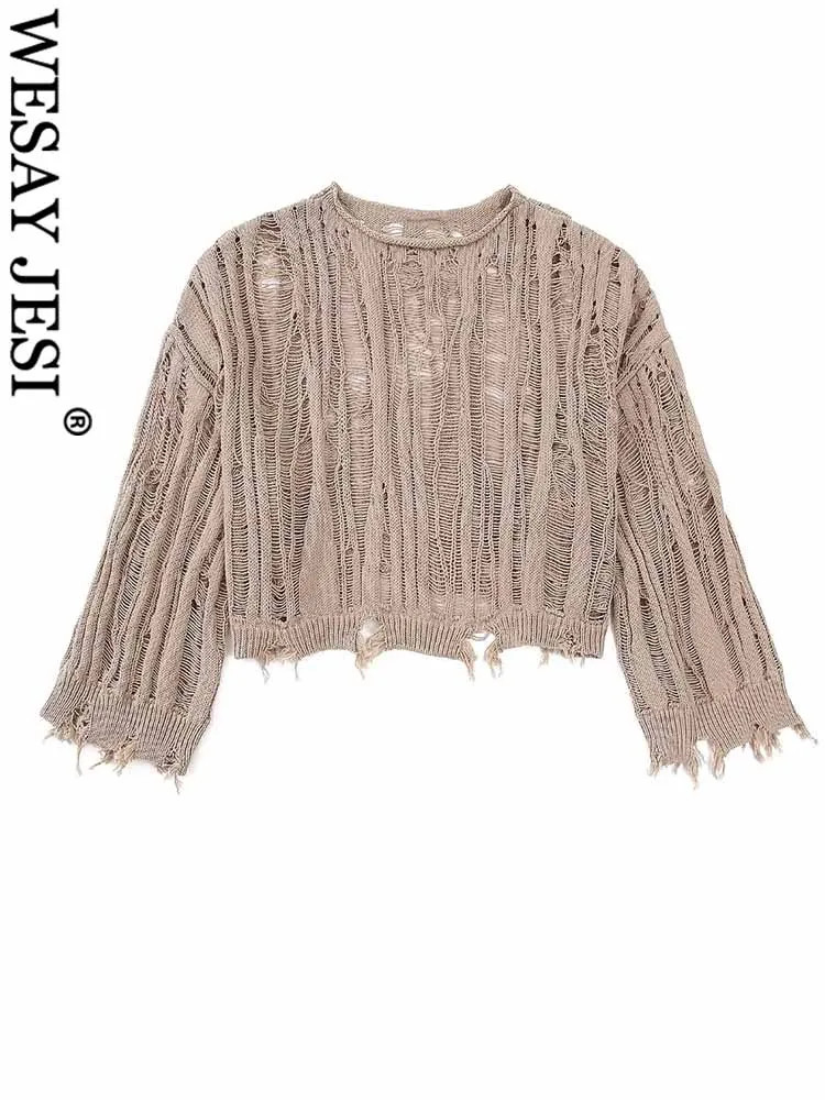 

WESAY JESI TRAF Женская мода KhakiSexy вырезанный Полосатый пуловер с длинным рукавом свитер женский винтажный топ с круглым вырезом