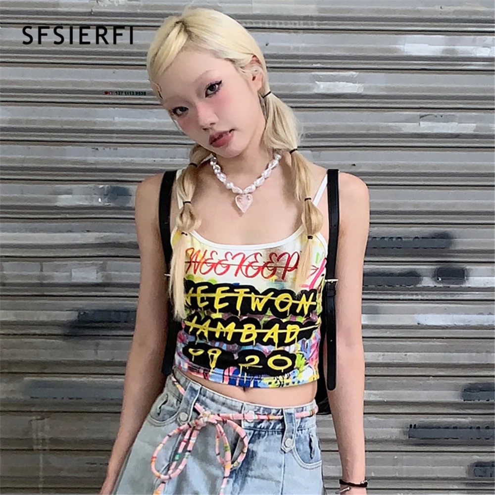 

Sleeveless y2k Printing Crop Tops Streetwear 2023 Summer Casual Camisole Backless Sweet Girl Aesthetic 2000s Gothic Tees