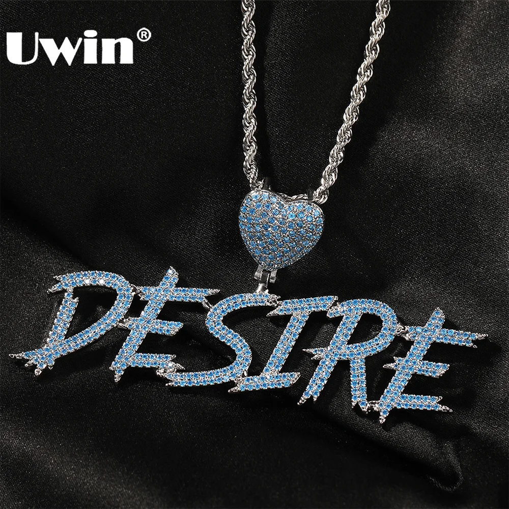 

UWIN Custom Cursive Name Pendant Necklaces Iced Out Baby Blue Cubic Zircon Letters Charms Silver Color Fashion Jewelry for Gift