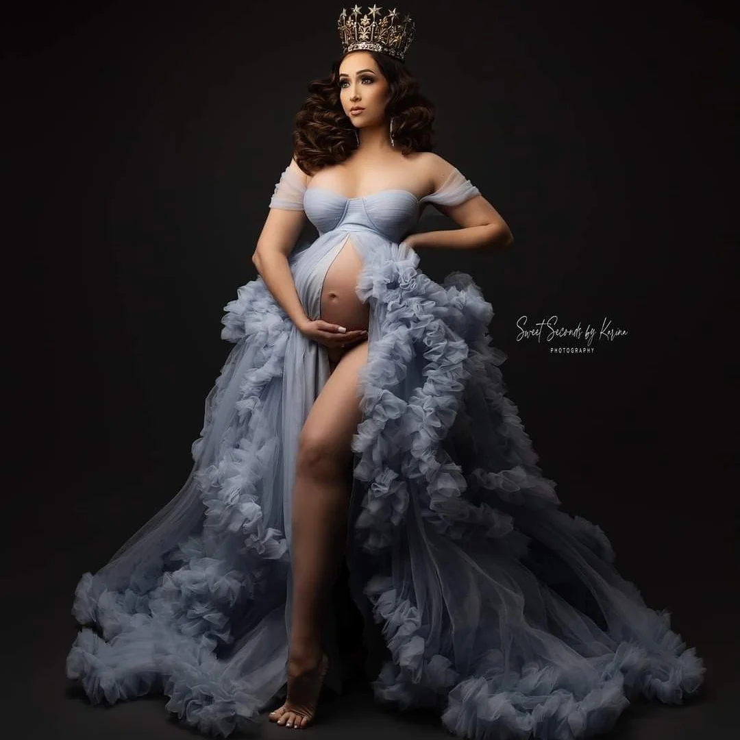 Tulle Sky Blue A Line Maternity Dresses for Women Photo Shoot Off Shoulder Puffy Ruffles Front Split Babyshower Pregnant Robes