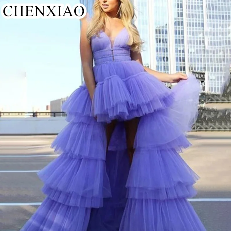 

CHENXIAO 2023 Tiered Ruffles Plunging V Neck Hi-Low Prom Dresses Tulle Floor Length Party Dresses Graduation Evening Gowns