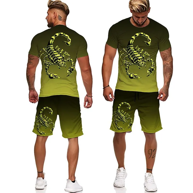 New Summer Oversized Men's Sportwear Suit 3D Scorpion Print T-Shirt/Shorts/ Casual Wear Fitness Sports 2pc Sets Men's Tracksuit