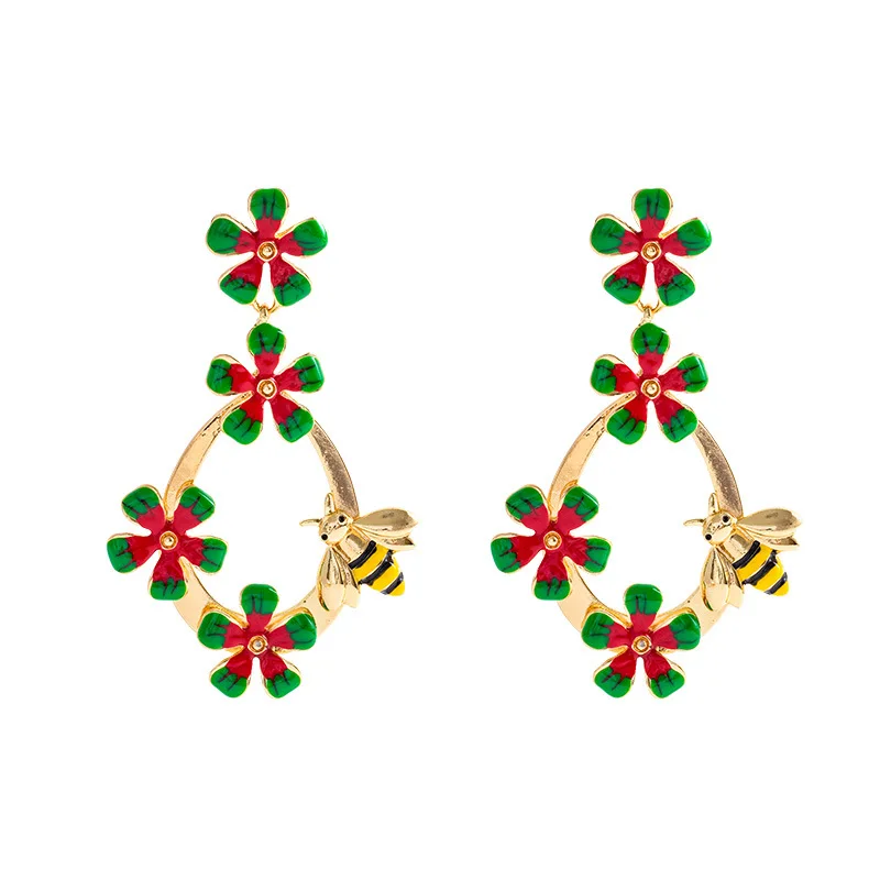 

2023 Trendy Jewelry Dainty Red Green White Enamel Gold Plated Charm Multi Simple Daisy Bee Flower Statement Earrings for Women