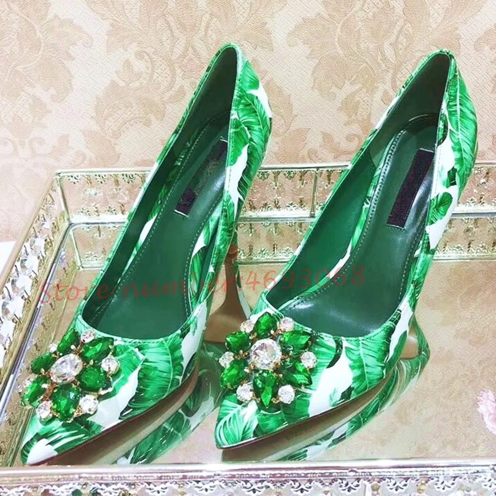 Green Rhinestone Print Flower Pumps Retro Pointy Toe Emerald Elegant High Stiletto Heels Pumps Chic Fashion Office Ladies Pumps