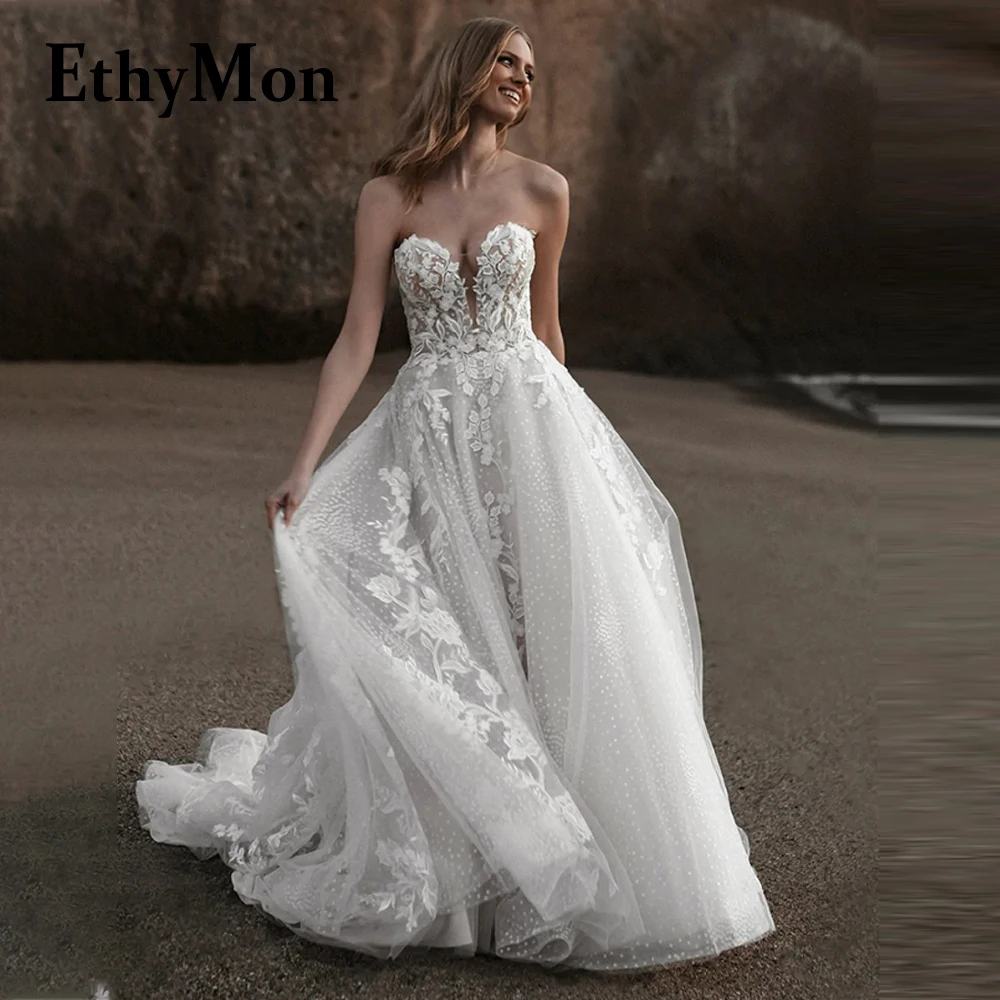 

Ethymon V-neck Sleeveless Wedding Dresses For 2023 Mariages Court Train Zipper Sequined Tulle Appliques Vestido De Casamento