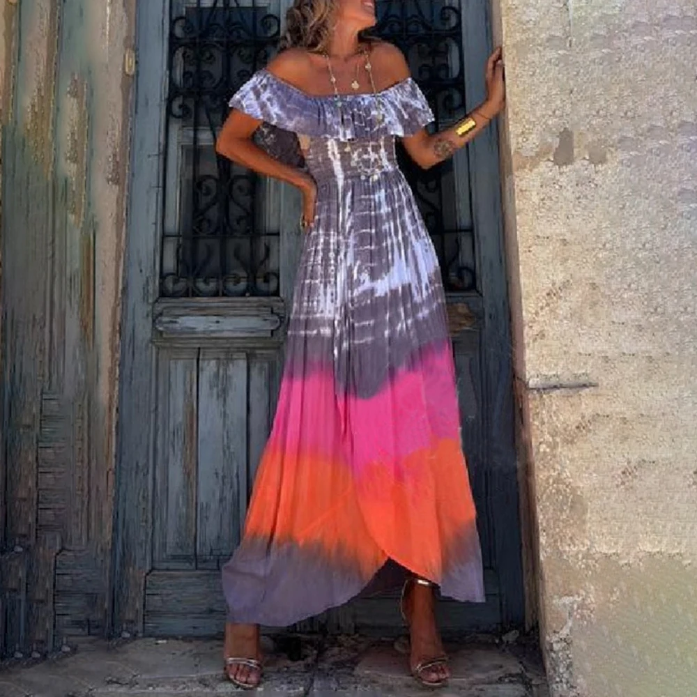 

Female Vintage Print Off-Shoulder Waist Dress Lady Summer Casual Loose Split One-piece Dress Long Dresses for Women Vestidos2023