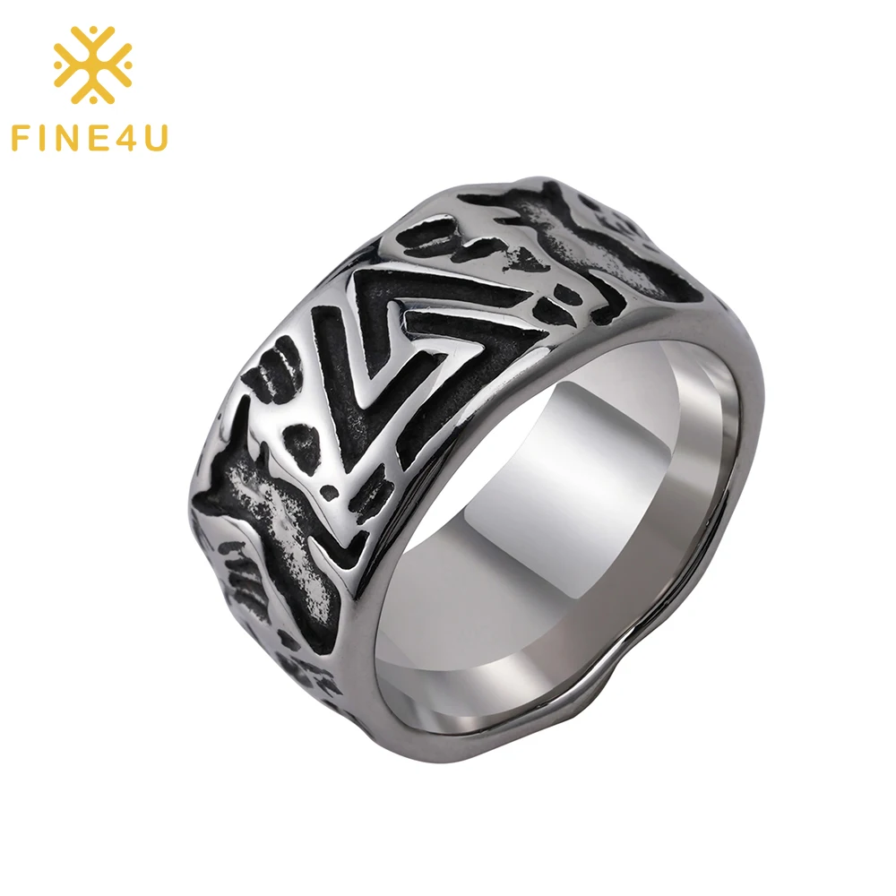 Винтажное ретро кольцо с руническими буквами FINE4U, нержавеющая сталь 316L, скандинавские украшения в стиле викингов, Размер 7-13