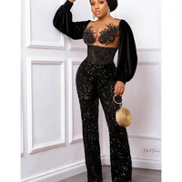 sexy black african prom jumpsuit appliques beads sequins long sleeves evening gowns sheer neck sweep floor birthday party wear