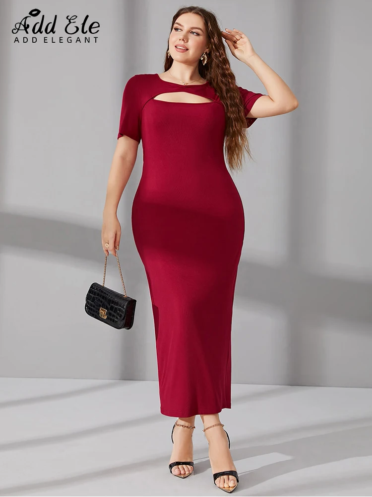 Add Elegant Plus Size Women Summer Maxi Dresses O-Neck Hollow Out Fashion Hem Rear Slit Solid Sweet Party Bodycon Dress F052