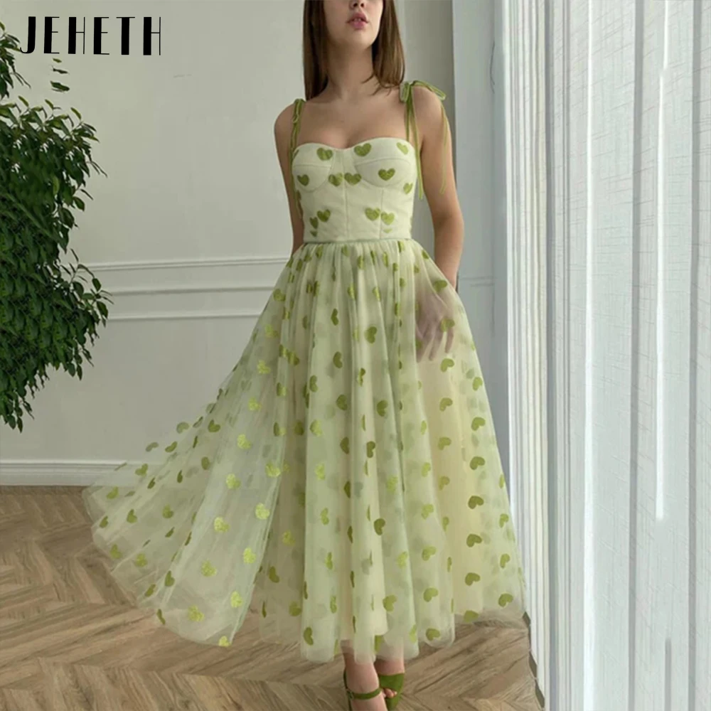 

JEHETH Green Elegant Heart Print Tulle Prom Dress Spaghetti Straps Sweetheart Backless Evening Gown Princess with Pockets فستان