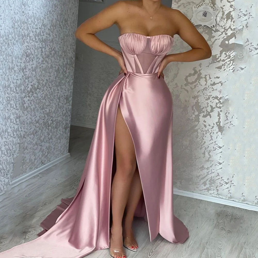 

Satin Pink 2022 Evening Dresses Sweetheart Party Dresses Sexy Robes De Soirée Side Split Sleeveless Wedding Guest Party Gowns