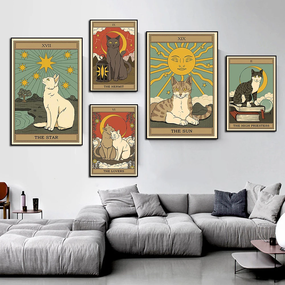 

The Lovers Tarot Mural Nordic Anime Animal Abstract Poster Sun Star Cat Canvas Painting Wall Art Living Room Home Decoration