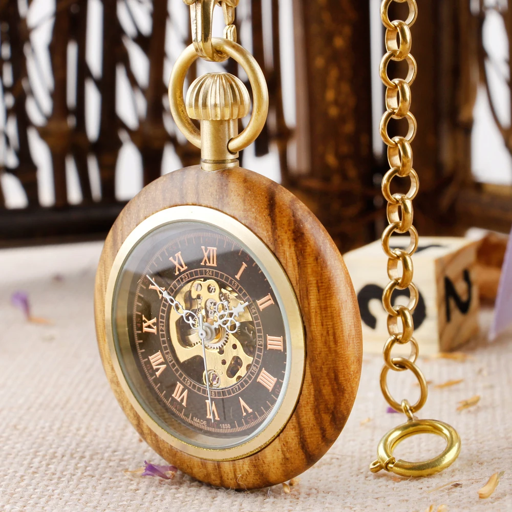 Casual Vintage Wood Mechanical Pocket Watch Steampunk Collectible Souvenir Pendant Gentleman Ladies Necklace