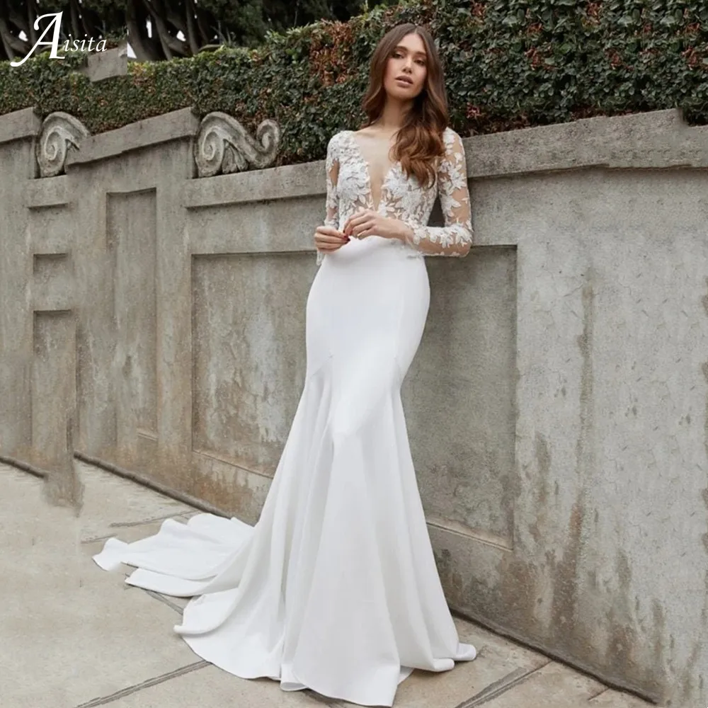 

Simple Long Sleeves Mermaid Wedding Dresses Lace Embroidery Vestidos De Novia Grace Open Back Tulle Sweep Train Bridal Robes