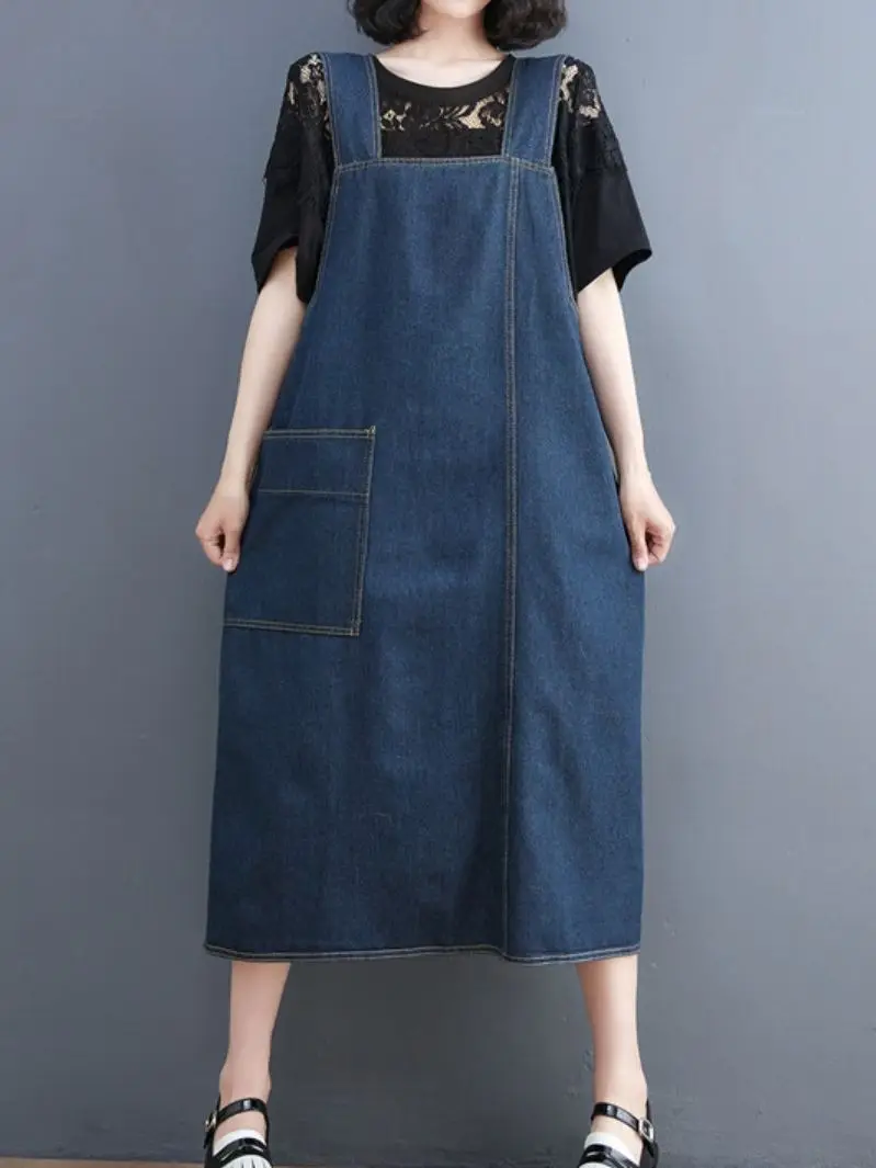 

Oversized Design Sense Front And Back Two Wearing Denim Strap Dress Women Summer Loose Single Breasted Vintage Dress