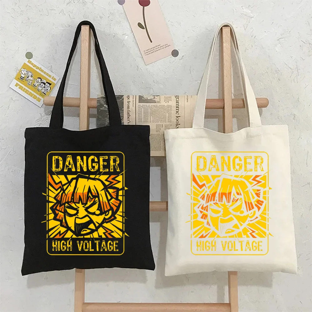 

Canvas Shoulder Bags for Women Demon Slayer Funny Zenitsu Danger Sign Illustration Large Reusable Tote Shoppers Handbags