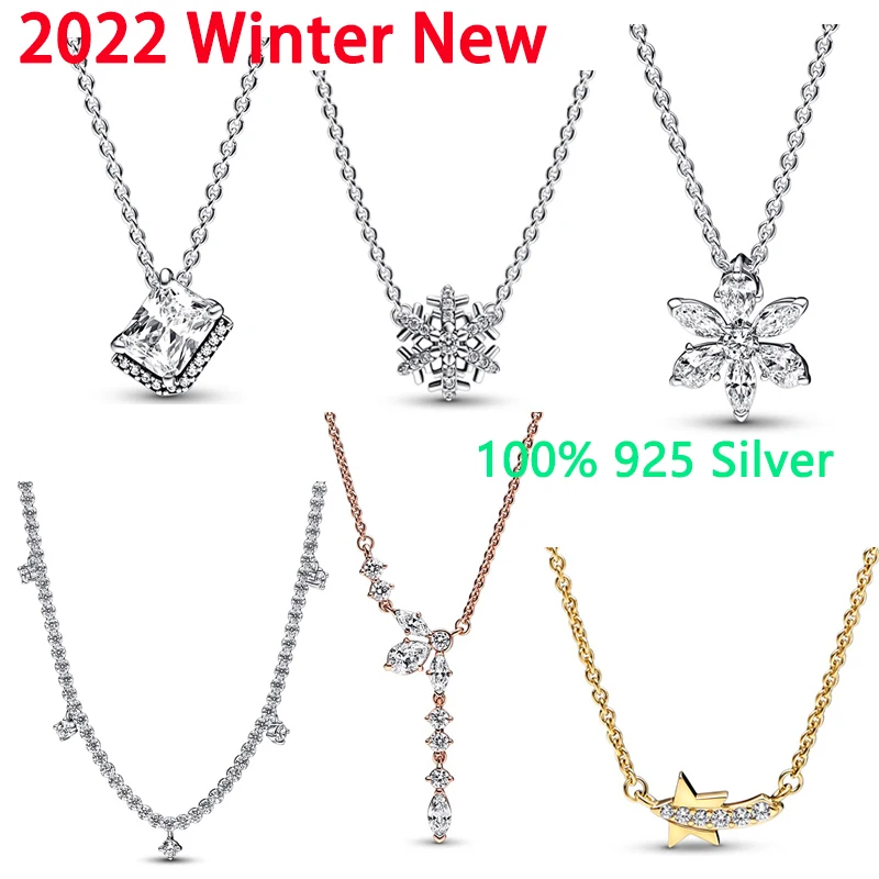 

100% 925 Silver High Quality 2022 Winter Christmas New Shiny Snowflake Meteorite Rectangle Pendant Necklace Women Jewelry Gift
