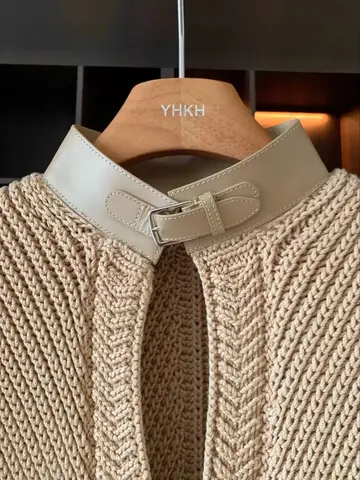 Женский вязаный хлопковый жилет с отделкой из воловьей кожи