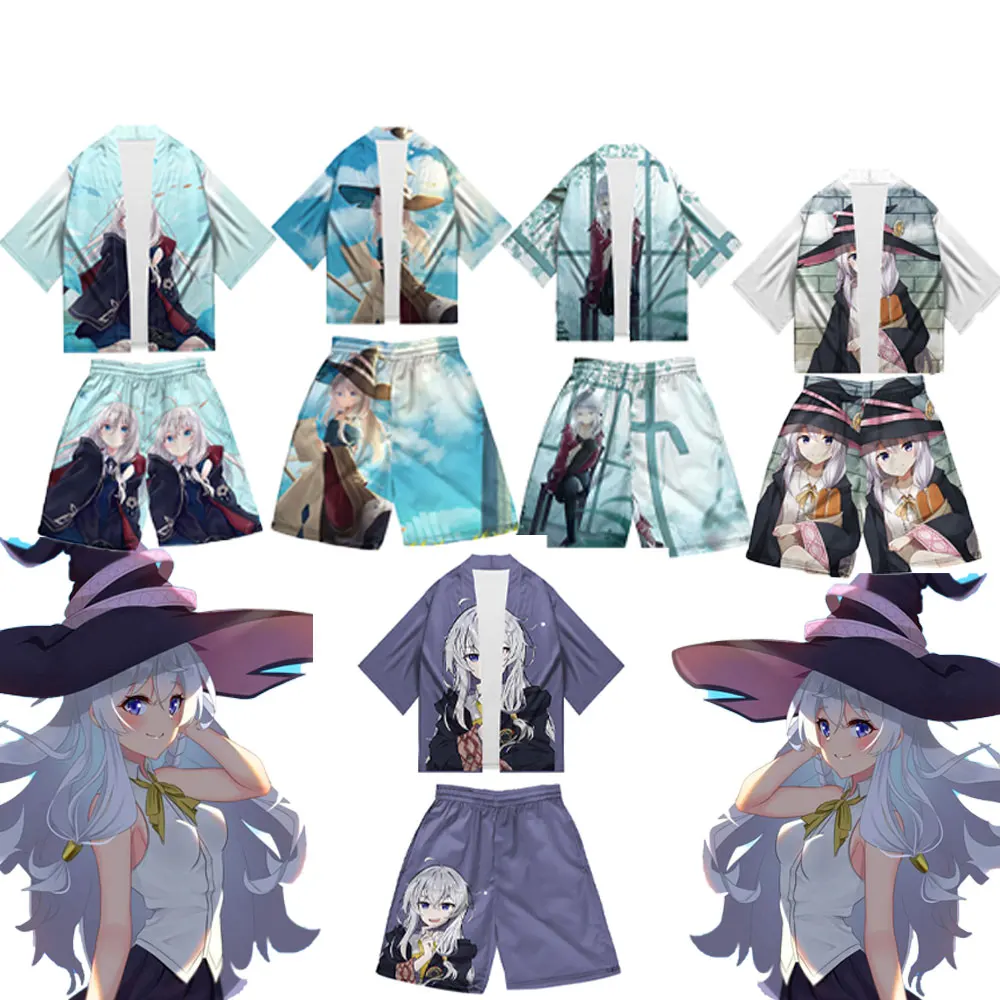 Witch's Journey Printed Kimono Short Sleeve Top + Shorts Breathable Casual Cardigan Top Bathrobe Fitness Suit