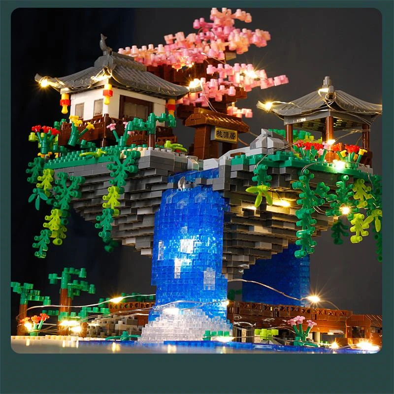 

World Architecture Temple Pavilion Island Waterfall Pool LED Light Mini Diamond Blocks Bricks Building Toy For Kid No Box