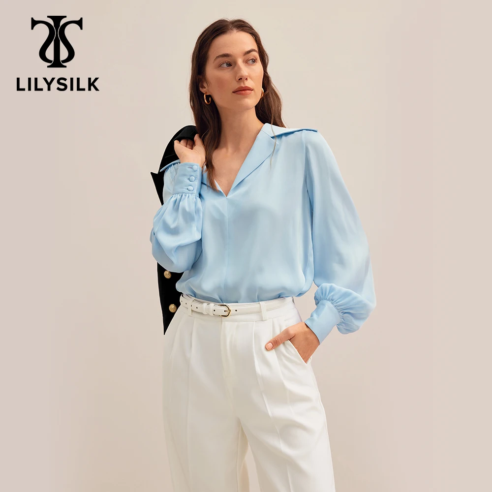 LILYSILK New Silk Partty Blouse for Women 2022 Female Peter Pan Collar Long Sleeve V Neck Top Elgant Clothes Free Shipping